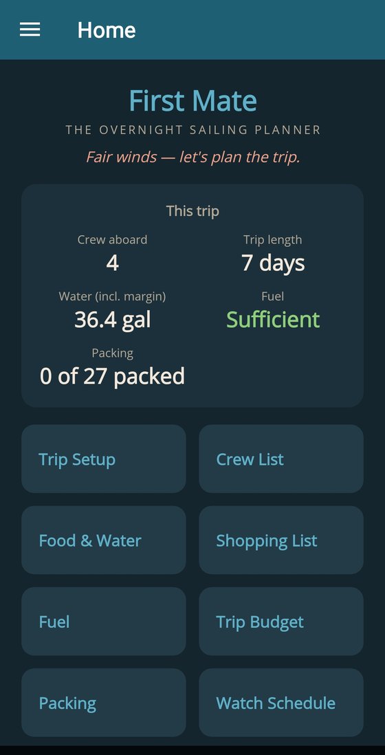 First Mate app home screen in dark mode