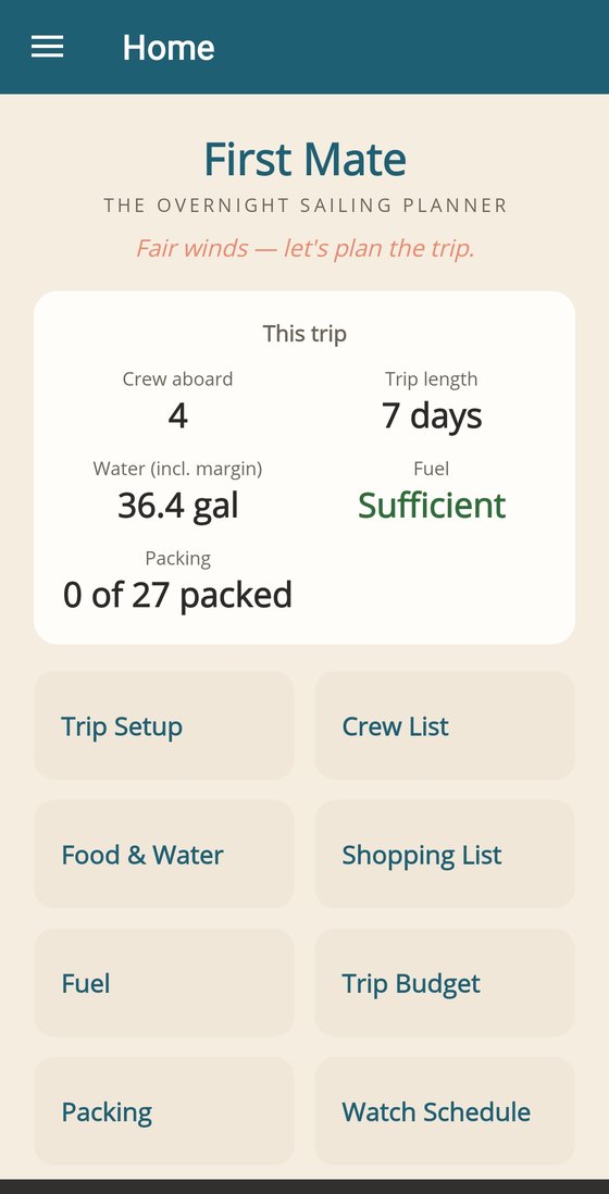 First Mate app home screen in light mode